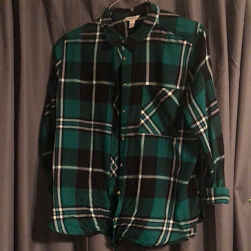 Arizona Jean Co flannel, plaid, women’s, front pocket, cuffed sleeves, collared